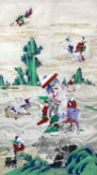 A Chinese silk painting of immortals, early 20th century, in a rockwork landscape amid clouds and