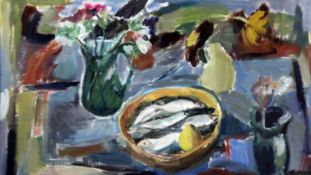 Margaret Traherne (1919-2006)oil on canvas,Table top still life with a dish of spratssigned and