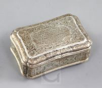 A Victorian silver shaped rectangular table snuff box by Edward Smith, with all over engraved scroll