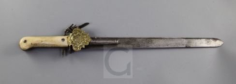 A 'made-up' flintlock hunting sword pistol, Continental, bone grips, brass shell guard, 19in.
