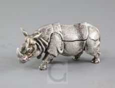 A Victorian novelty silver box, modelled as a rhinoceros, by John Septimus Beresford, with hinged