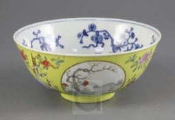 A Chinese sgraffito yellow ground medallion bowl, underglaze blue Daoguang six character seal mark