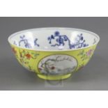 A Chinese sgraffito yellow ground medallion bowl, underglaze blue Daoguang six character seal mark