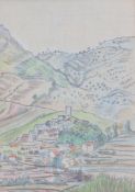 § Lucien Pissarro (1863-1944)coloured pencilsFrench hill top town4.75 x 3.5in.