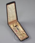 A 19th century French gold and tortoiseshell piqué etui, with original fittings, 4.75in.