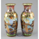 Daisy-Makeig Jones for Wedgwood. A pair of Willow pattern shape 3510 vases, gold printed marks,