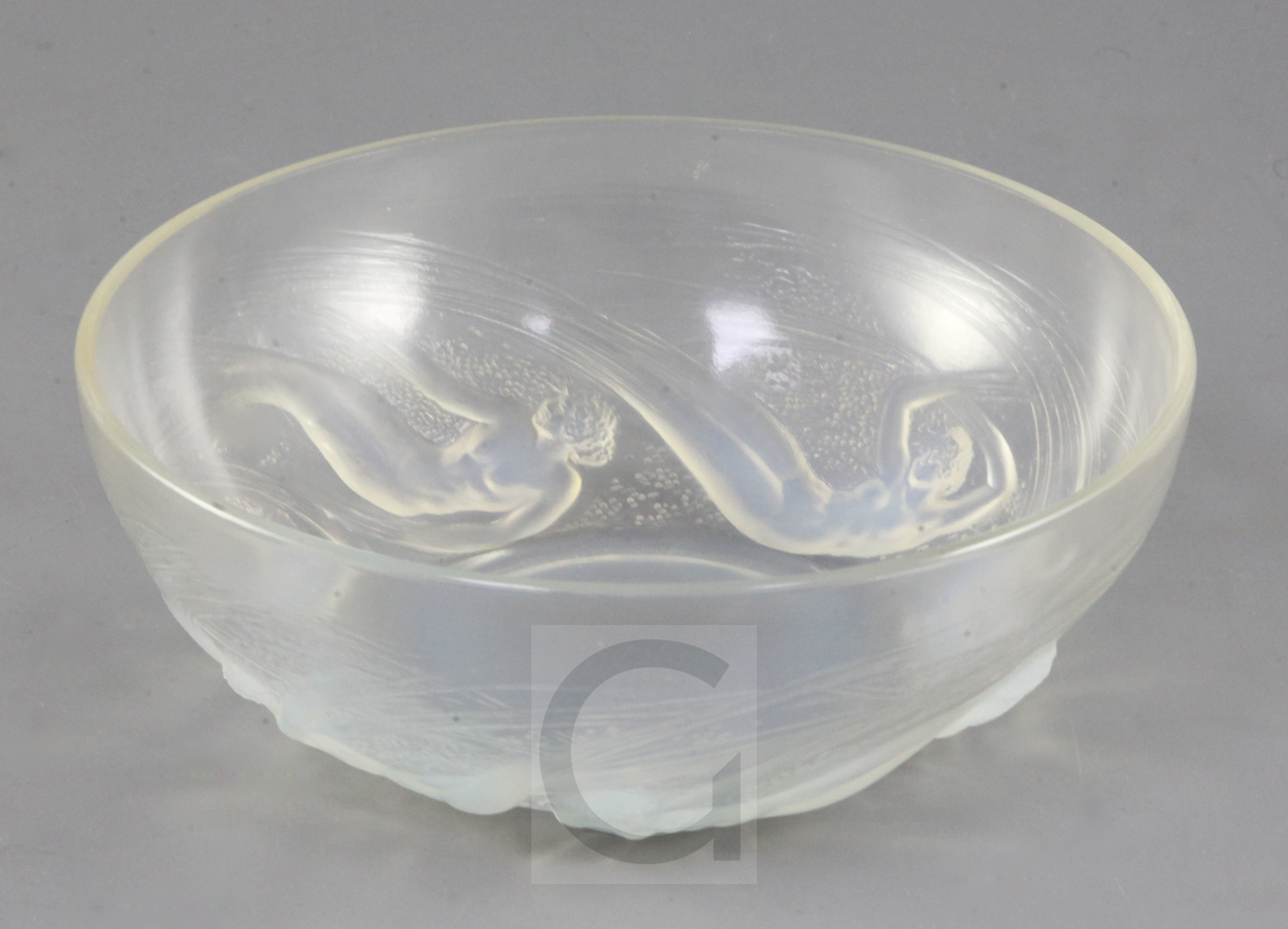 A Rene Lalique Ondines opalescent glass bowl, engraved mark R. LALIQUE FRANCE, 20.7cm