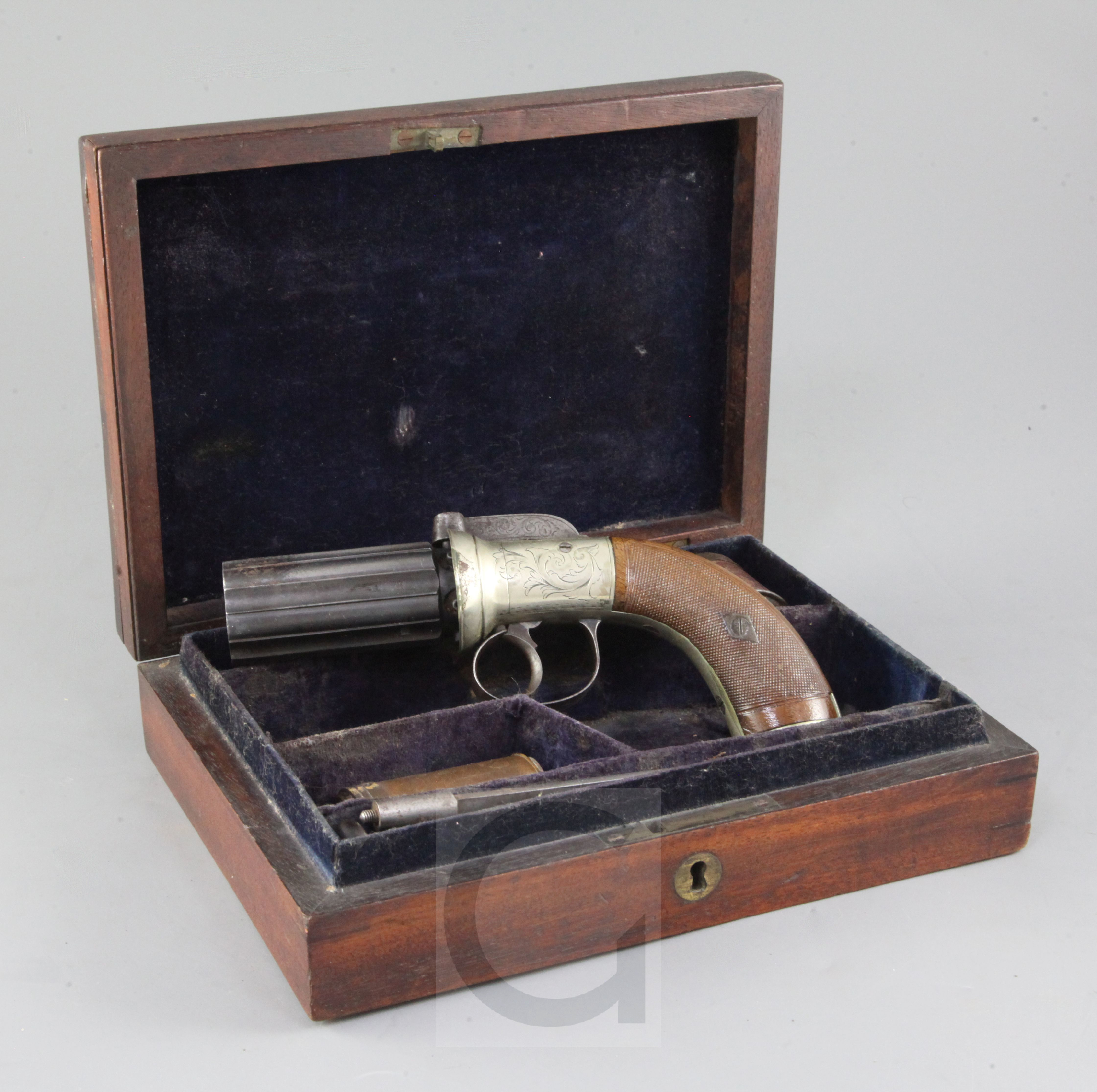 A cased percussion pepperbox six barrelled revolver, with German silver frame, by Dooley, Liverpool,