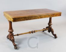 A Victorian figured walnut library table, fitted two frieze drawers, W.4ft 3in. D.2ft 3in. H.2ft