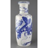 A large Chinese blue and white rouleau vase, late 19th century, painted with an emperor on horseback