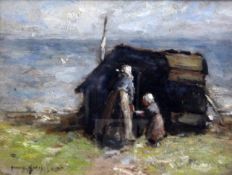 Robert Gemmell Hutchison (1855–1936)oil on panelMother and child beside a hutsigned5 x 6.5in.