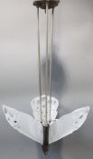 A Muller Freres silvered metal and frosted glass ceiling light drop 35in.