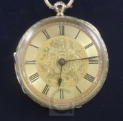 An 18ct engraved gold keywind dress pocket watch, with Roman dial and chalcedony set watch key, in
