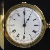 A Victorian 18ct gold repeating chronograph keyless hunter pocket watch, with Roman dial and case