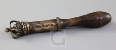 An early 19th century brass tipstaff, inscribed Police Office, Bow.Stn 2, with turned hardwood
