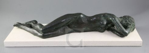 § Michael Cooper (Irish, b.1944). A bronze figure of a reclining nude sunbather, on white marble