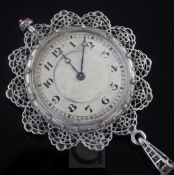 An attractive Belle Epoque French pierced white gold?, enamel, ruby and rose cut diamond set dress