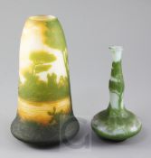 Two DeVez cameo glass 'landscape' vases, early 20th century, the first in green and yellow over