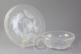 A Rene Lalique Ondines pattern opalescent glass bowl and matching plate or stand, the bowl with