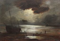 George Hyde Pownall (1876-1932)oil on canvasFishermen along the shore under moonlightsigned39 x