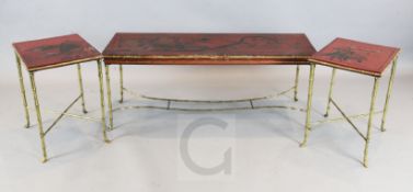 A modern Chinese lacquer and parcel gilt coffee table, with a pair of occasional tables ensuite,