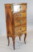 A Louis XVI style marquetry tall commode with rouge marble top W. 1ft 10in. D. 1ft 2in. H. 4ft 2in.