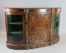 A Victorian marquetry inlaid burr walnut credenza, W.5ft 5in. D.1ft 5in. H.3ft 6in.