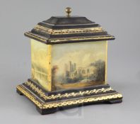 A rare Victorian painted and gilt Welsh slate casket, decorated with views of Penrhyn Castle, Pass