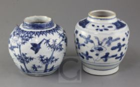 Two Chinese Ming blue and white jars, Wanli to Chongzheng period the first painted with birds amid