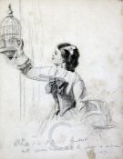 William Powell Frith (1819-1909)pencil drawingStudy of a lady with a cagebirdsigned in pencil,