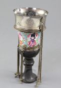 A Qajar gilt metal and polychrome enamel Ghalian stem cup, Persia, 19th century, the white metal rim