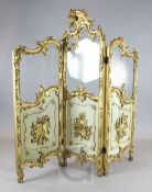 A Louis XV style painted and parcel gilt three fold screen, with glazed upper panels, Widest panel
