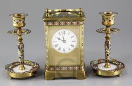 An early 20th century Richard & Co brass hour repeating carriage clock, with champleve enamel
