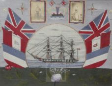 A Victorian sailor's woolwork picture, with central panel depicting a steam and sail ship flanked by