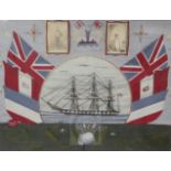 A Victorian sailor's woolwork picture, with central panel depicting a steam and sail ship flanked by