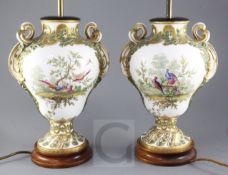 A pair of Minton Sevres style porcelain vases, c. 1860, each of inverted pear shape, painted with