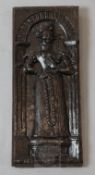 A 17th century French oak panel, carved with a lady holding a rosary, 16 x 7in.