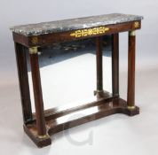 A Regency brass inset rosewood console table, with variegated grey marble top and mirror back, W.3ft
