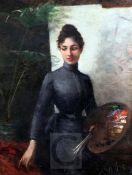 Follower of Matthijs Maris (1839-1917)oil on canvasAn elegant lady with a palette in her