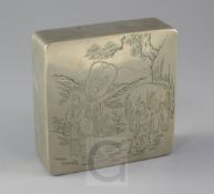 A Chinese Paktong square writing box and cover, late 19th century, the cover engraved with a