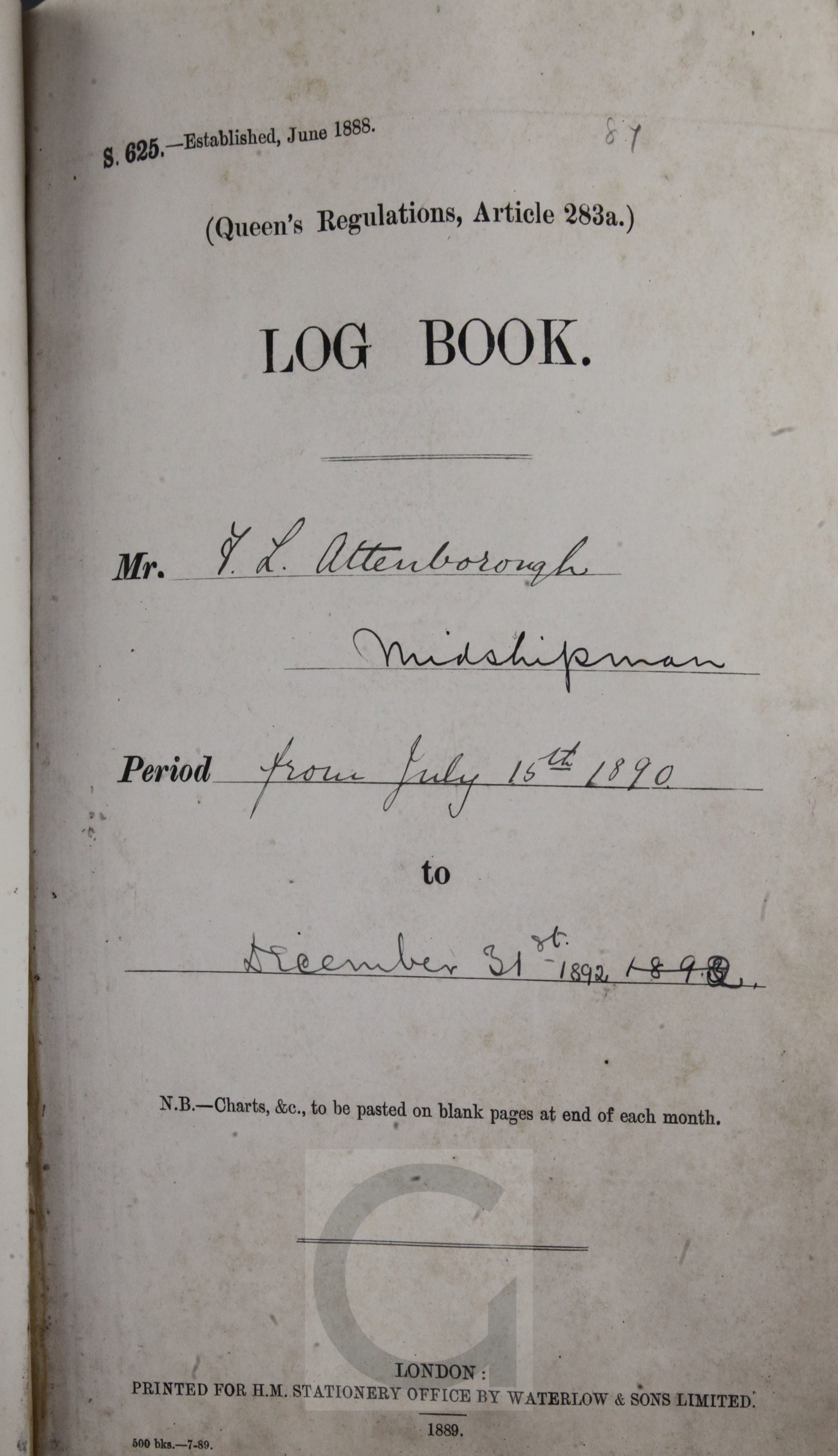 Naval Interest - 'Log and Journal of H. M. Ships Ruby, Duke of Wellington, Edinburgh, Victory and