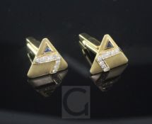 A pair of gold, sapphire and diamond set triangular cufflinks, gross weight 9.5 grams.