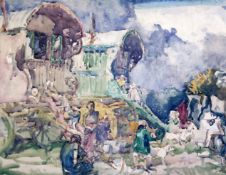 § Sir Frank Brangwyn (1864-1956)watercolourCaravans and gypsies labels verso for The Royal Academy