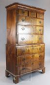 A George II walnut chest on chest, fitted three short and six long drawers, on bracket feet, W.3ft