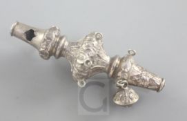 A 19th century silver child's rattle, with embossed decoration, apparently unmarked, lacking teether