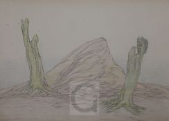 § Austin Osman Spare (1888-1956)pencil and coloured pencils on thin wove paperTree trunk and hillock