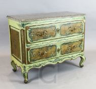 A mid 18th century North Italian green painted commode, with grey marble top and two drawers, on
