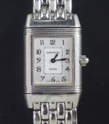 A lady's stainless steel Jaeger-Le Coultre Reverso wrist watch, with Arabic dial and mother of pearl