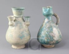 Two Kashan turquoise glazed pottery vessels, 13th century, one jar with multiple necks, the jug with