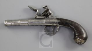 A cannon-barrelled flintlock boxlock pocket pistol, rounded frame, silver wire inlaid butt, silver